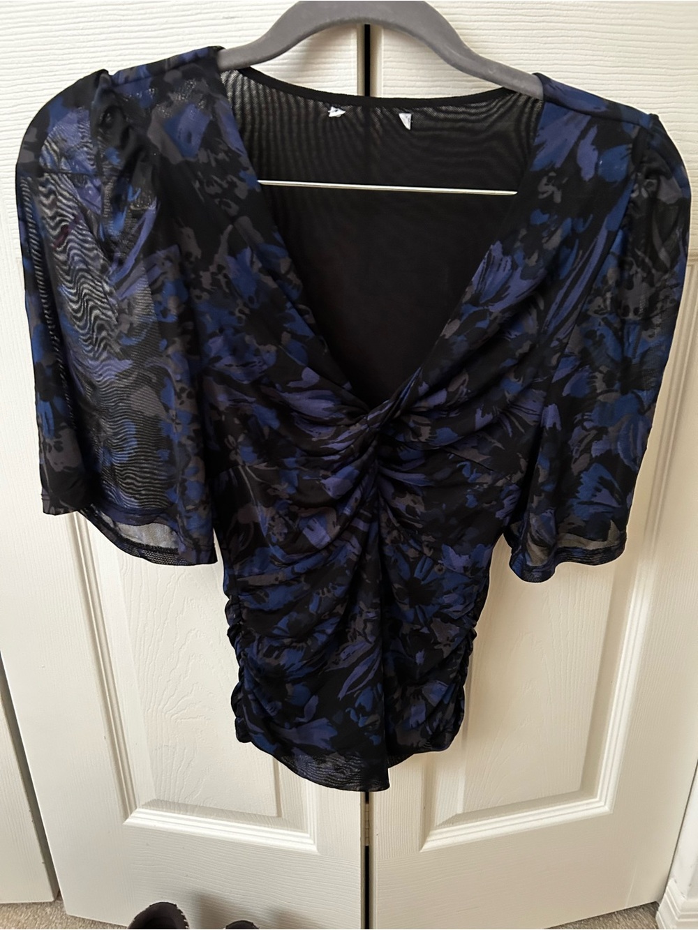 Ruched Black and Navy Floral Sheer Blouse